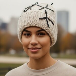 Steve Madden chunky knit beanie light gray stone black bows winter hat new